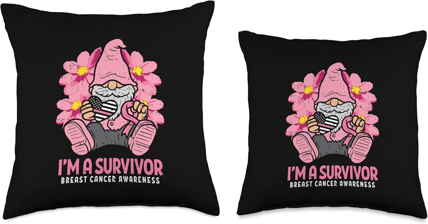 Breast Cancer Survivor Pink Ribbon Gnome US Flag Heart Gift Throw Pillow