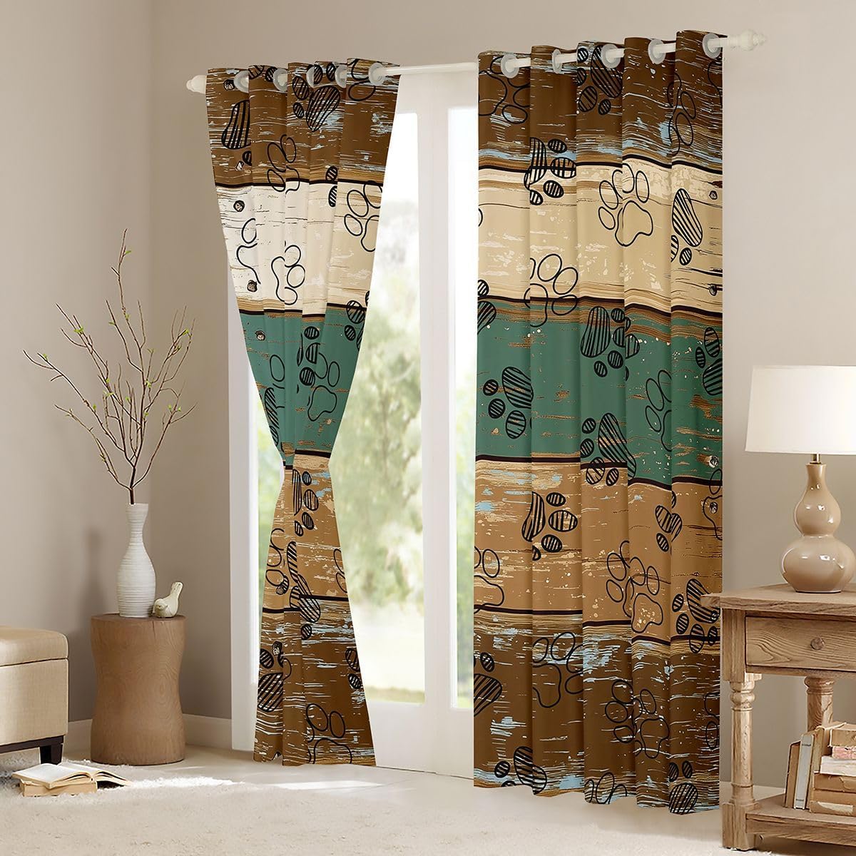 Feelyou Dog Paw Print Curtains for Bedroom Living Room Wooden Board Rustic Blackout Darkening Drapes Pet Animal Window Treatments, 2 Panels 38 x 45 Inch Cabin Room Decor Lodge image 3