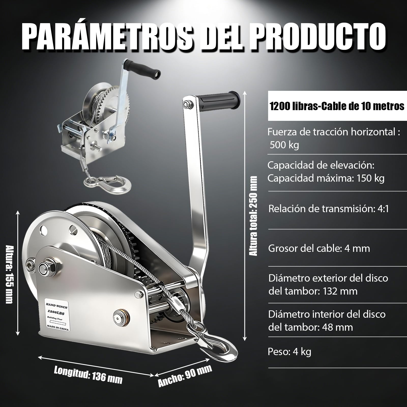 Cabrestante manual 1200lb | Cable de acero inoxidable | Polipasto manual con freno automático | Relación de transmisión 4:1 | Cabrestante de Remolque para barco, trailer, caza, uso pesado (1)