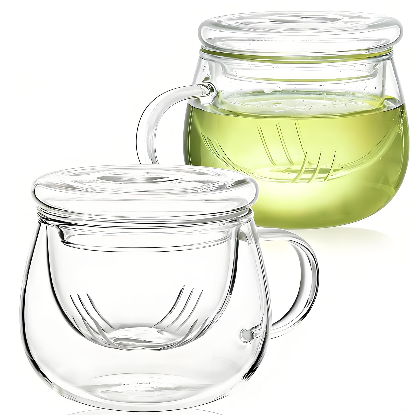 Tosnail Lot de 2 tasses à thé en verre de 388,5 g avec couvercle et infuseur à thé, tasses à thé transparentes avec filtre à thé, tasses en verre pour infusion de thé en vrac
