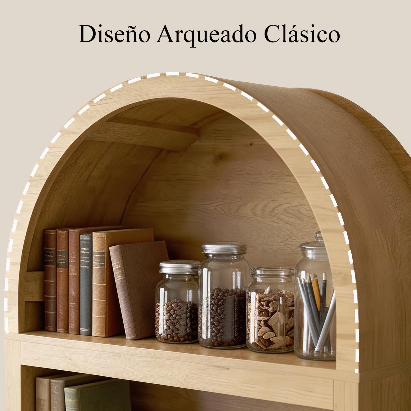 Librería Grande con Diseño en Arco, Librería Estantería con 3 Compartimentos Abiertos, Cajones y Puertas, Estantería Salón Multiusos para Salón, Cocina y Oficina | Estantería de madera, armario de vitrina para sala de estar, cocina, estudio