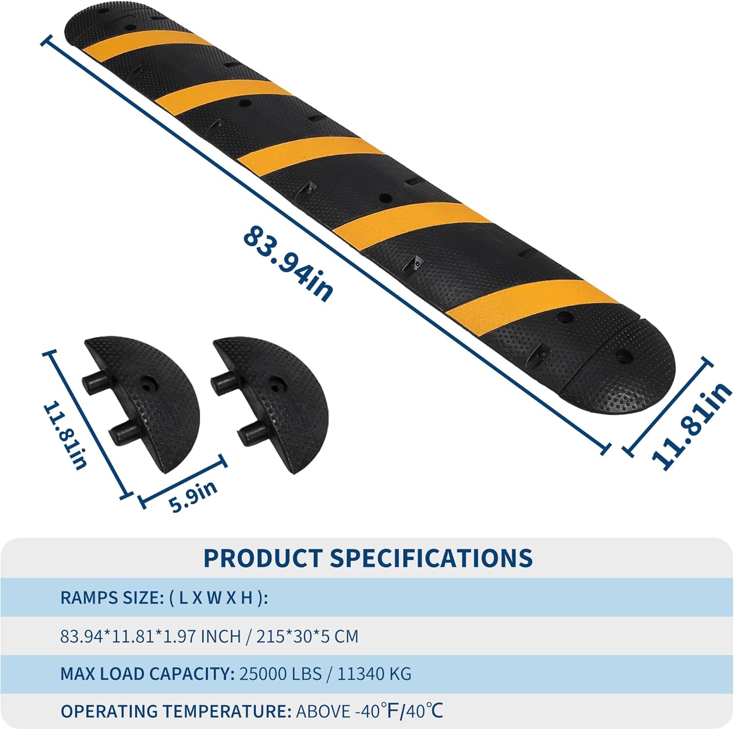 7FT Rubber Speed Bump with 2 End Cap, 1-Pack Speed Bumps for Road, 66000 LBS Capacity Speed Humps with 4 Bolts for Parking Lots