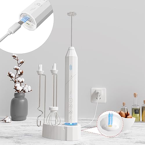 Miniatura 3 de NUEIYMI Espumador de leche recargable con soporte, batidor de mano eléctrico de mano con 3 velocidades, 3 cabezales de acero inoxidable, 2 métodos