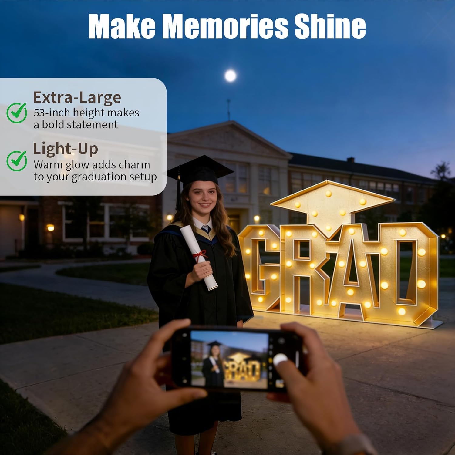 Graduation Decorations 2026 - 5.2FT Long Extra Large Marquee Light Up Letters "GRAD" Sign, Graduation Party Decor for Kindergarten High School College Celebration, Class of 2026 Backdrop Centerpiece - Gold