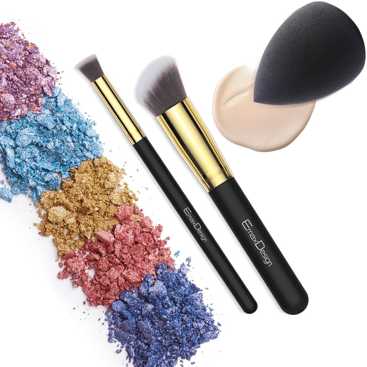 EmaxDesign 10+1 Pieces Makeup Brush Set, 10 Pieces Professional Foundation Blending Blush Eye Face Liquid Powder Cream Cosmetics Brushes & 1 Piece Black Beauty Sponge Blender
