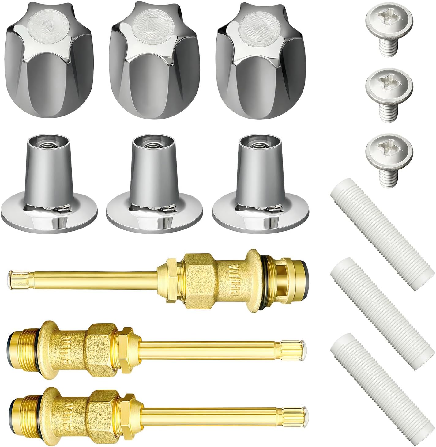 39619 Bathtub Shower Knob 3 Piece Replacement Kit and Stem, Shower Faucet Handle Rebuild Trim Kit Fit for Price Pfister Verve, Chrome knob Handle and Flange Base Replace 12H-2H 12H-2C 12H-18D