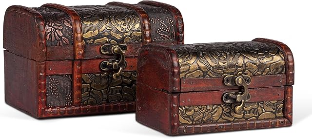 Set of 2 Decorative Rustic Wooden Colonial Style Diamond Checked Pirate Treasure Chest Trinket Boxes. 2 Graduated Boxes That Fit Inside Each Other Idea by Something Different,Multi Color,9120518