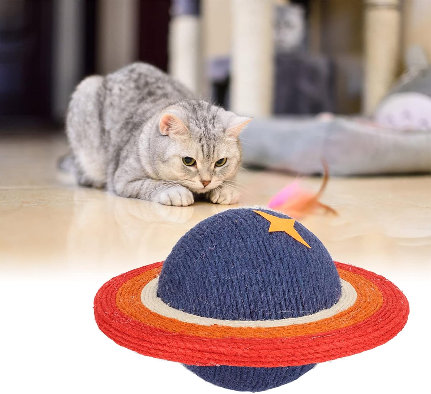 Cat Scratching Post Cute, Round Cat Scratcher Planet Shaped Natural Sisal Relieves Boredom and Protects Furniture for Felines Kittens and Claw Care