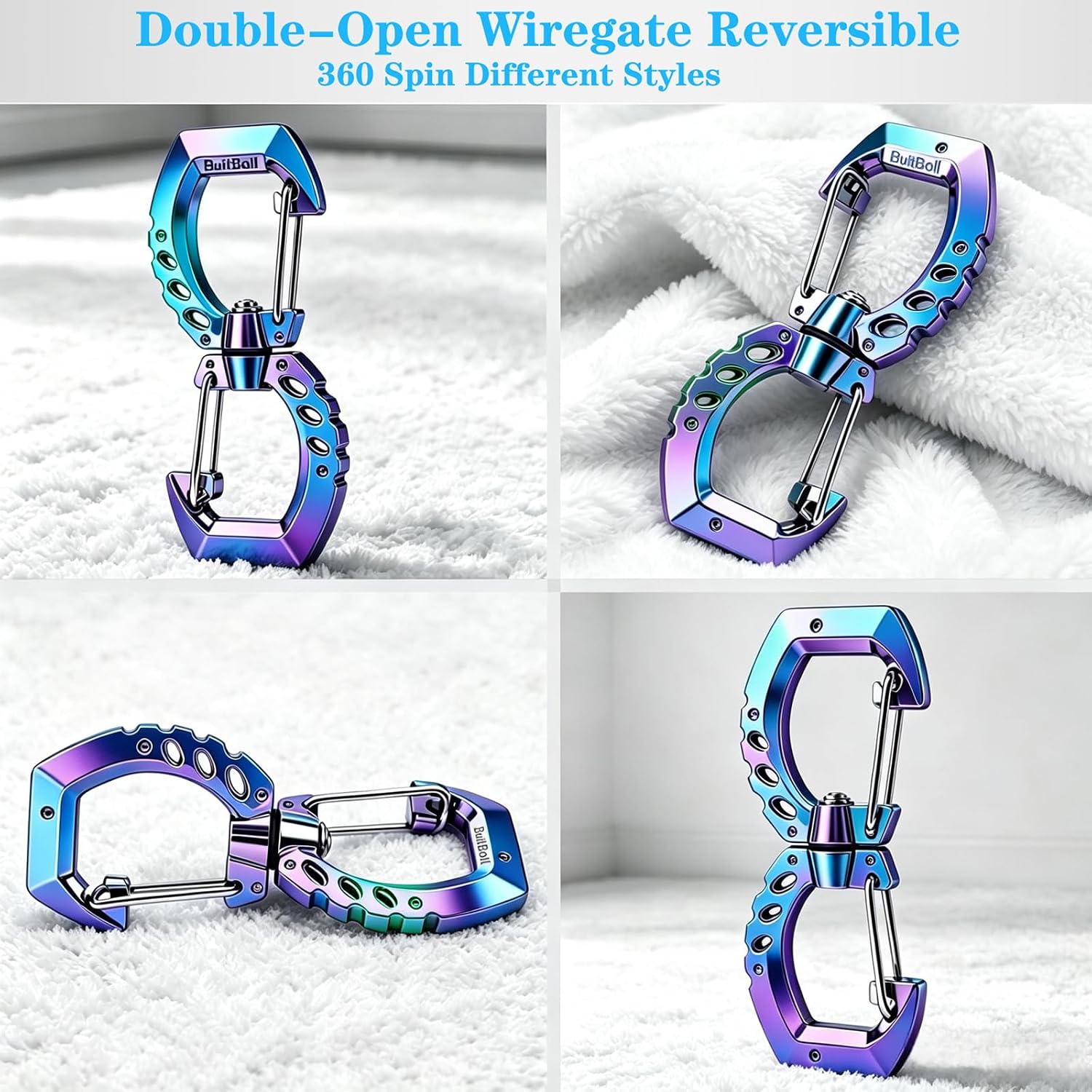 Key Chain, 360 Spin Key Ring Holder for Women Men | Double-Open Wiregate Reversible Keychain Organizer Carabiner Clip