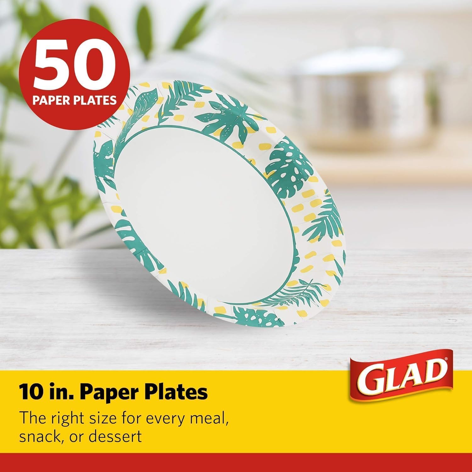 Glad Platos de papel desechables redondos, patrón de hojas de palma, fuertes, resistentes, a prueba de remojo y aptos para microondas, platos decorativos para cena y uso diario, 10 pulgadas, 50