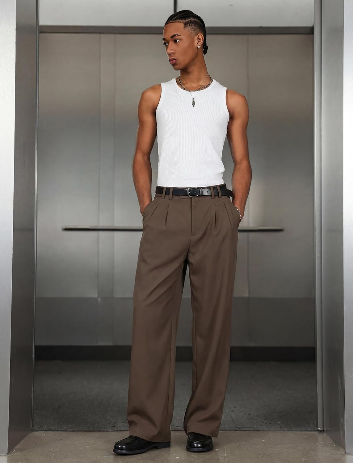 ZAFUL Mens Casual Dress Pants Relaxed Fit Chino Pants Pleated Front Elastic Waist Stretch Pants with Pocket