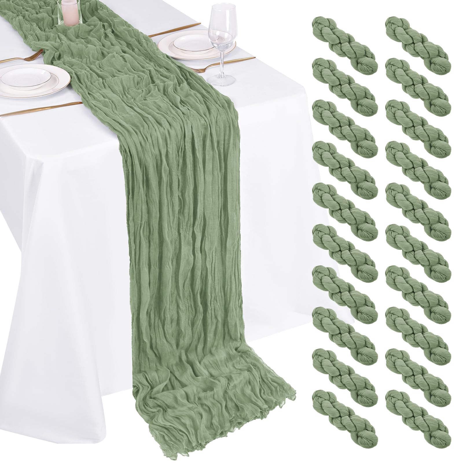 Photo 1 of 20 Pack Cheesecloth Table Runner - 17x108 Inch Sage Green Boho Gauze Cheese Cloth Table Runners for Baby Bridal Shower Decoration Wedding Party Summer Garden Farmhouse