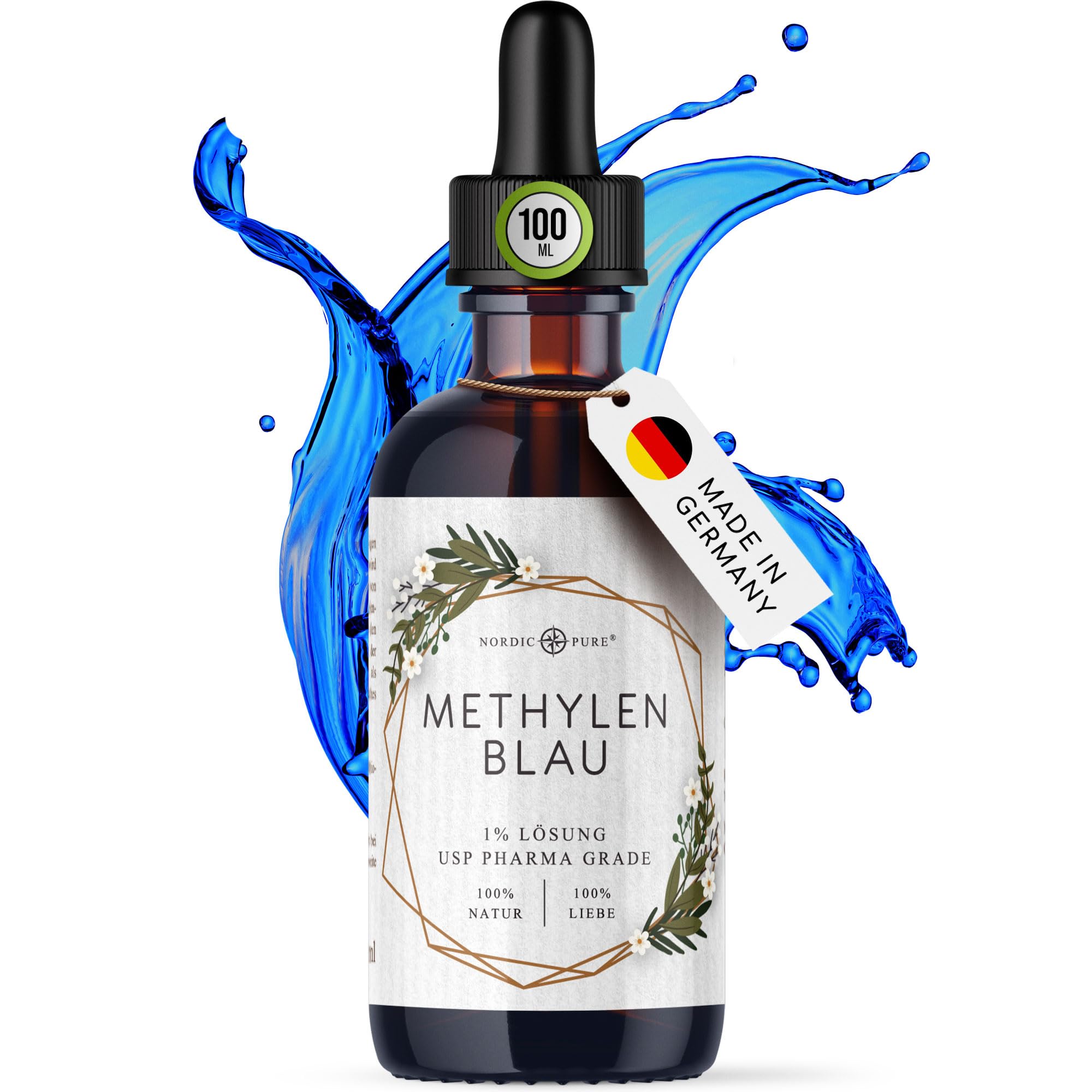 Methylenblau 100ml hochdosierte Tropfen von Nordic Pure | Lösung mit 99,9% Reinheit | Hochdosiert Methylene Blue | Methylene Blau 1% Lösung | Laborgeprüft & in Deutschland hergestellt
