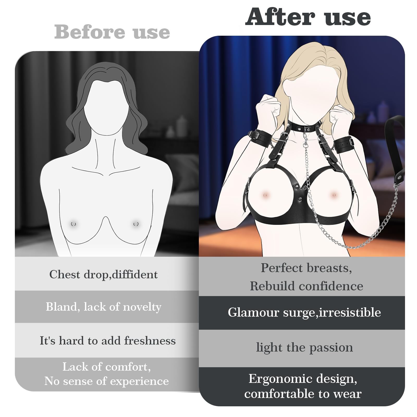 BDSM Bondage Sex Breast Restraints Set B to E Cup Boobs Sex Things for Couples Kinky Adult Sex Toys with Dual-Layer PU Leather Harness Collars with Traction Chain Handcuffs Accessories S&M Floggers