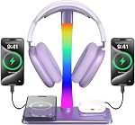 Headphone Stand with Wireless Charger,Gaming Headset Stand with RGB Light,for Airpod Max Stand Compatible with Airpod Pro/3/2,for iPhone 17/16/15/14/13/12/11,Gifts for Gamers & Music Lover(Purple)