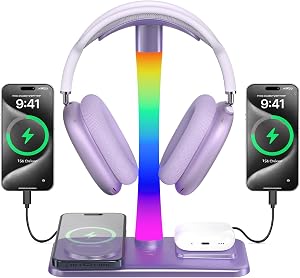 Headphone Stand with Wireless Charger,Gaming Headset Stand with RGB Light,for Airpod Max Stand Compatible with Airpod Pro/3/2,for iPhone 17/16/15/14/13/12/11,Gifts for Gamers & Music Lover(Purple)