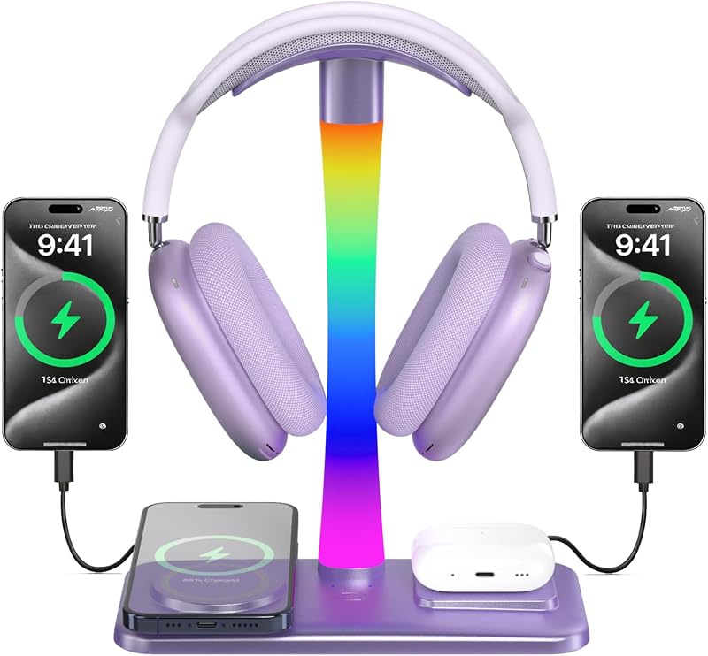 Soporte para auriculares con cargador inalámbrico, soporte para auriculares para juegos con luz RGB, para Airpod Max Stand compatible con Airpod Pro/3/2, para iPhone 17/16/15/14/13/12/11, regalos para jugadores y amantes de la música (púrpura)