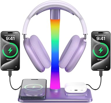 Headphone Stand with Wireless Charger,Gaming Headset stand with RGB Light,For Airpod Max Stand Compatible with Airpod Pro/3/2,For iPhone 17/16/15/14/13/12/11,Gifts for Gamers & Music Lover Purple