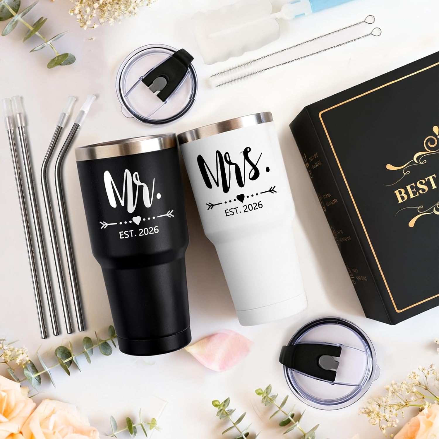 Lifecapido Mr and Mrs Gifts, Wedding Gifts for Couples 2026 Mr & Mrs 30oz Tumbler Set, His and Hers Engagement Gift for Couple Bride Groom(Black & White) - Image 7