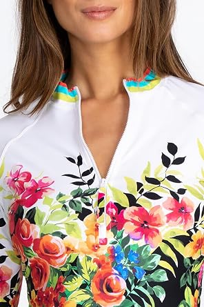 Johnny Was Floral Border Surf Long Floral Swim Shirt Rash Guard Top Black Sea New