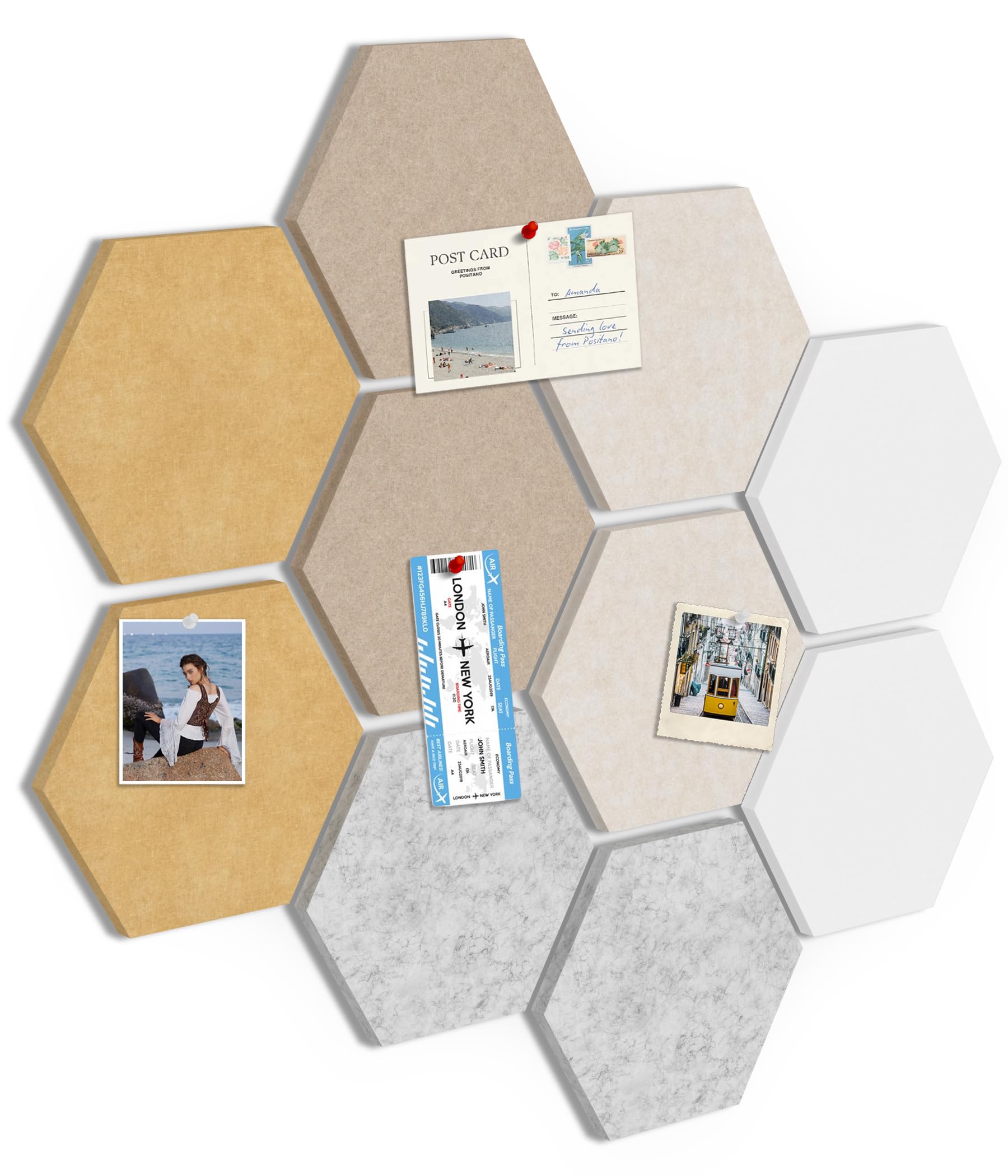 Toptople Large Hexagon Cork Board for Office, 10-Pack Felt Pin Board Tiles for Walls, Bulletin Notice Board with Push Pins for Photos, Linen Beige