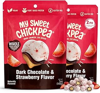 My Sweet Chickpea Dark Chocolate & Strawberry Flavor Covered Chickpeas – Crunchy & Light Sweet Snack, Plant-Based Protein & Fiber, Vegan, Gluten Free, Resealable Bags, Wholesome Chocolate Chickpea Snacks (2x5oz).