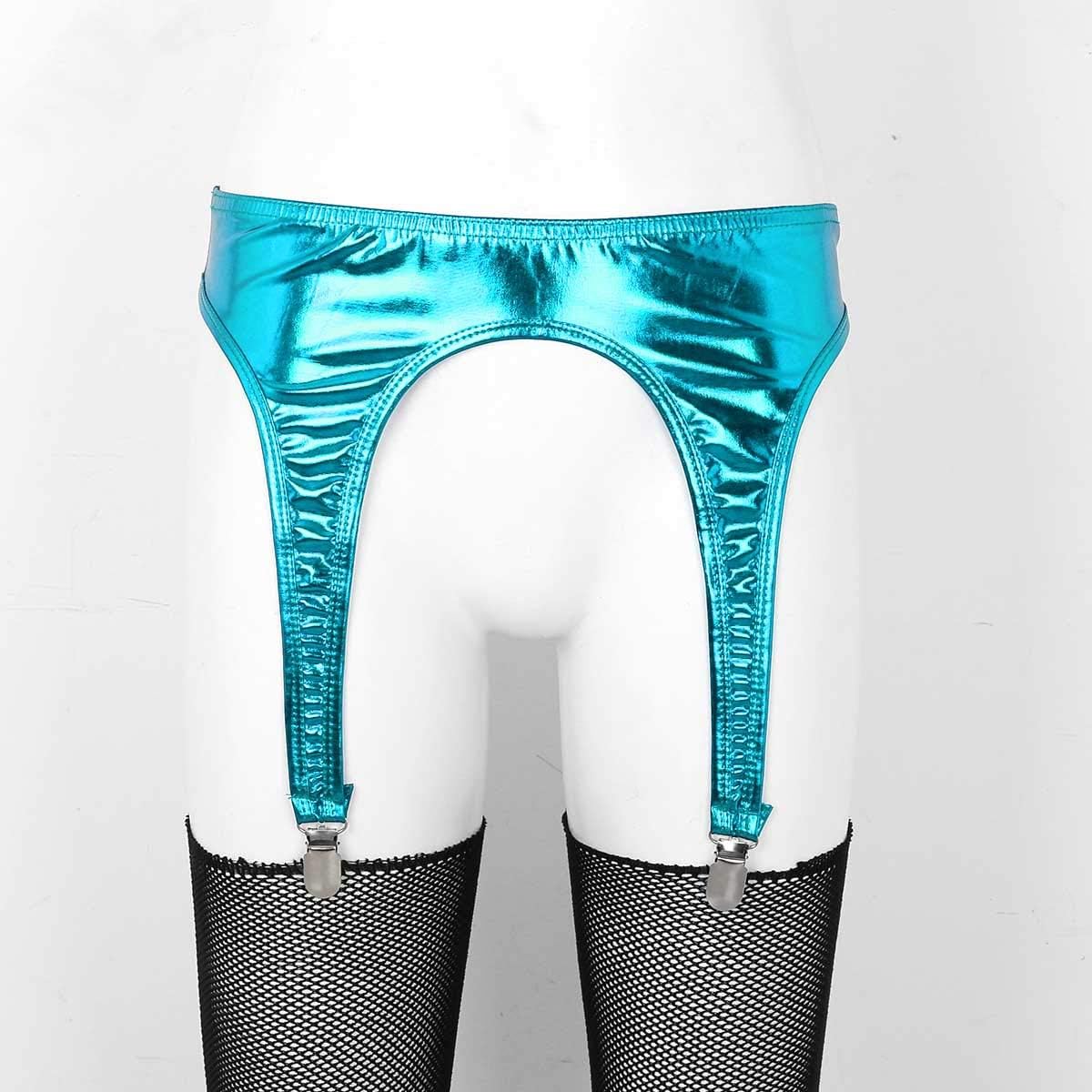 Women Sexy Shiny Metallic Suspender Garter Belt for Thigh High Stockings