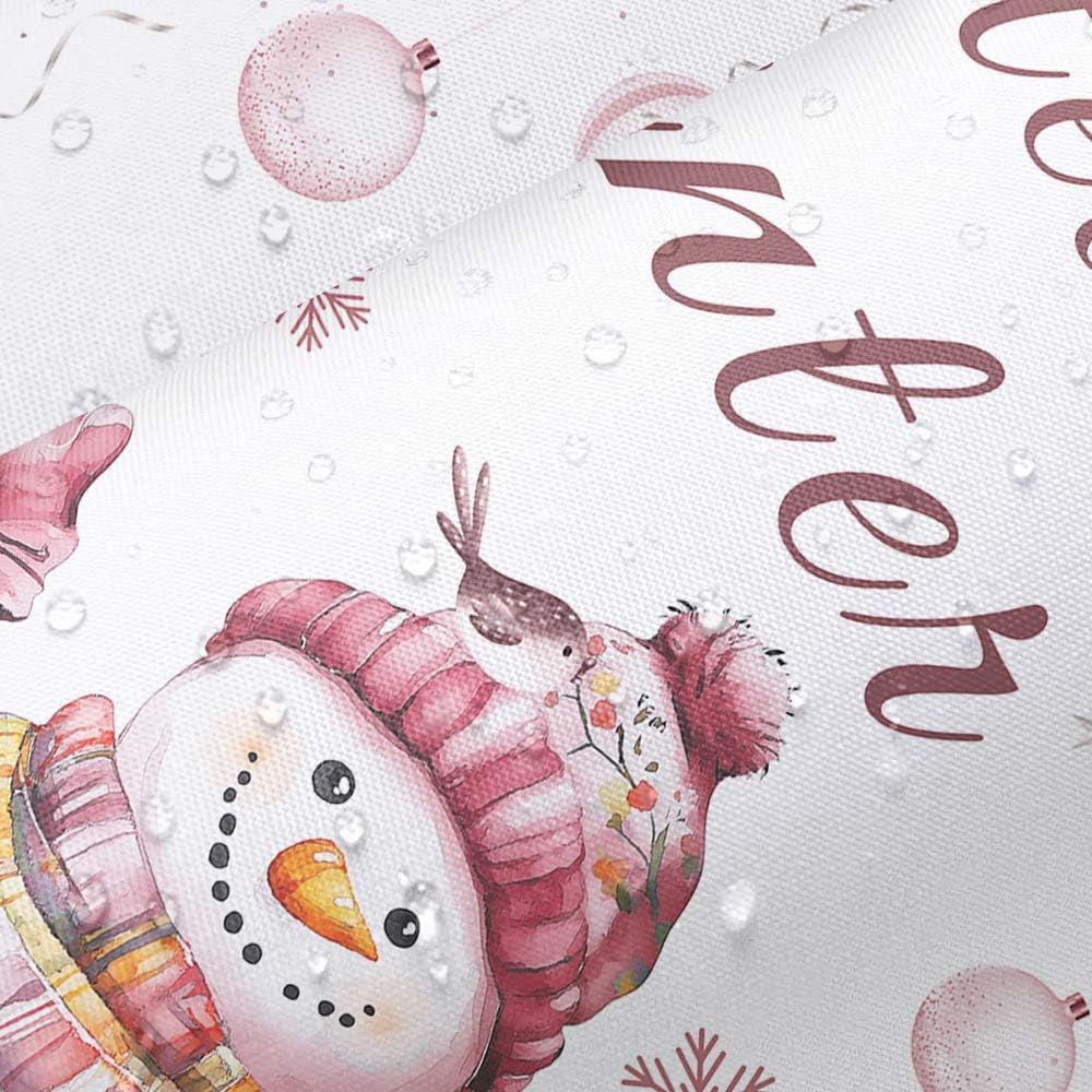 JAWO Winter Christmas Snowman Shower Curtain for Bathroom, Hello Winter Christmas Balls Pink Snowman Pine Snow Scenery Shower Curtain Set, Xmas Polyester Fabric Bath Curtains with Hooks,72X78