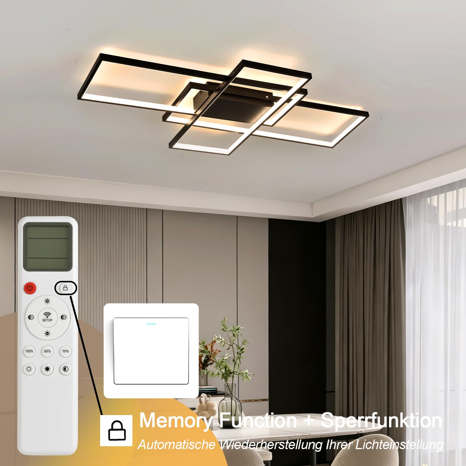 Plafonnier LED Dimmable 80CM 45W Luminaire Plafonnier Salon Noir