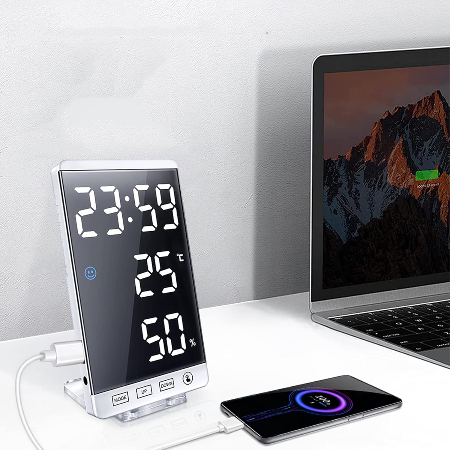 Image showing the ThreeH Digital LED Alarm Clock placed on a desk with its acrylic stand and also mounted on a wall.