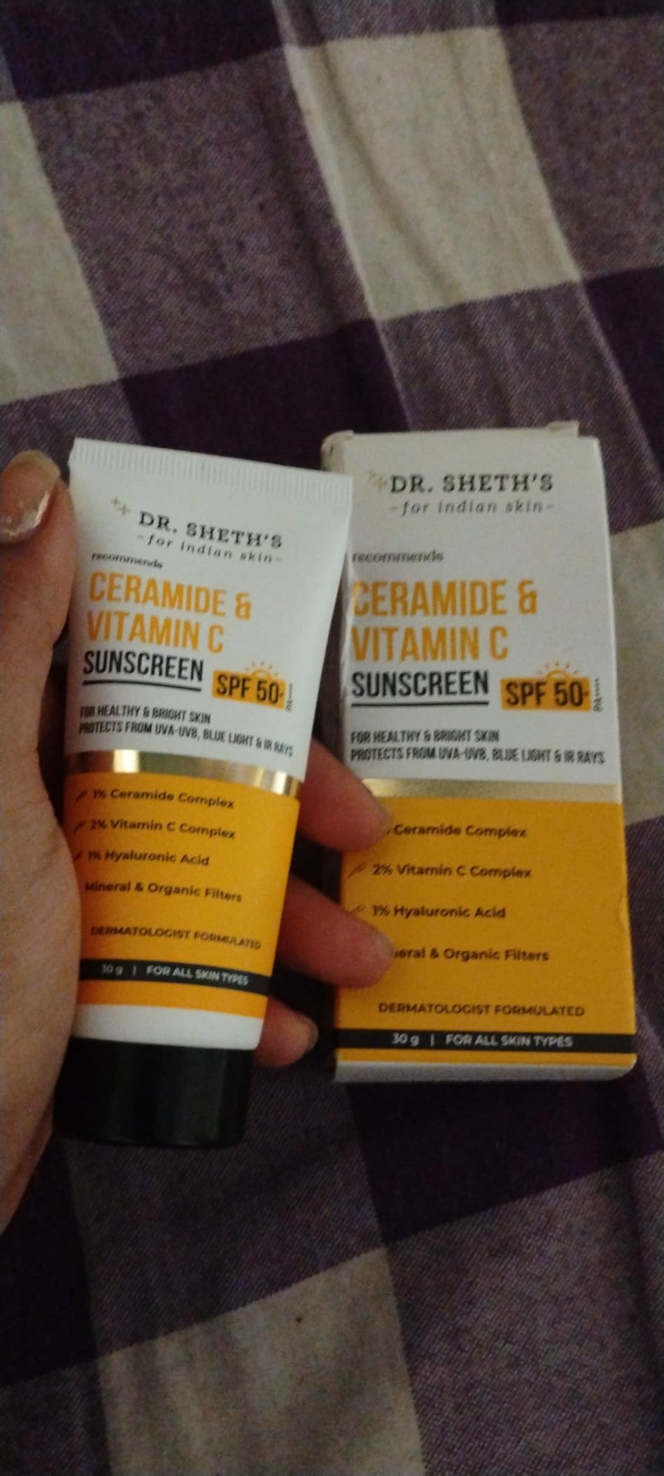 Dr. Sheth's Ceramide & Vitamin C Sunscreen In-Vivo Tested Protects, Moisturizes & Brightens Skin SPF 50+ PA++++ Lightweight, Leaves No White Cast 30 g