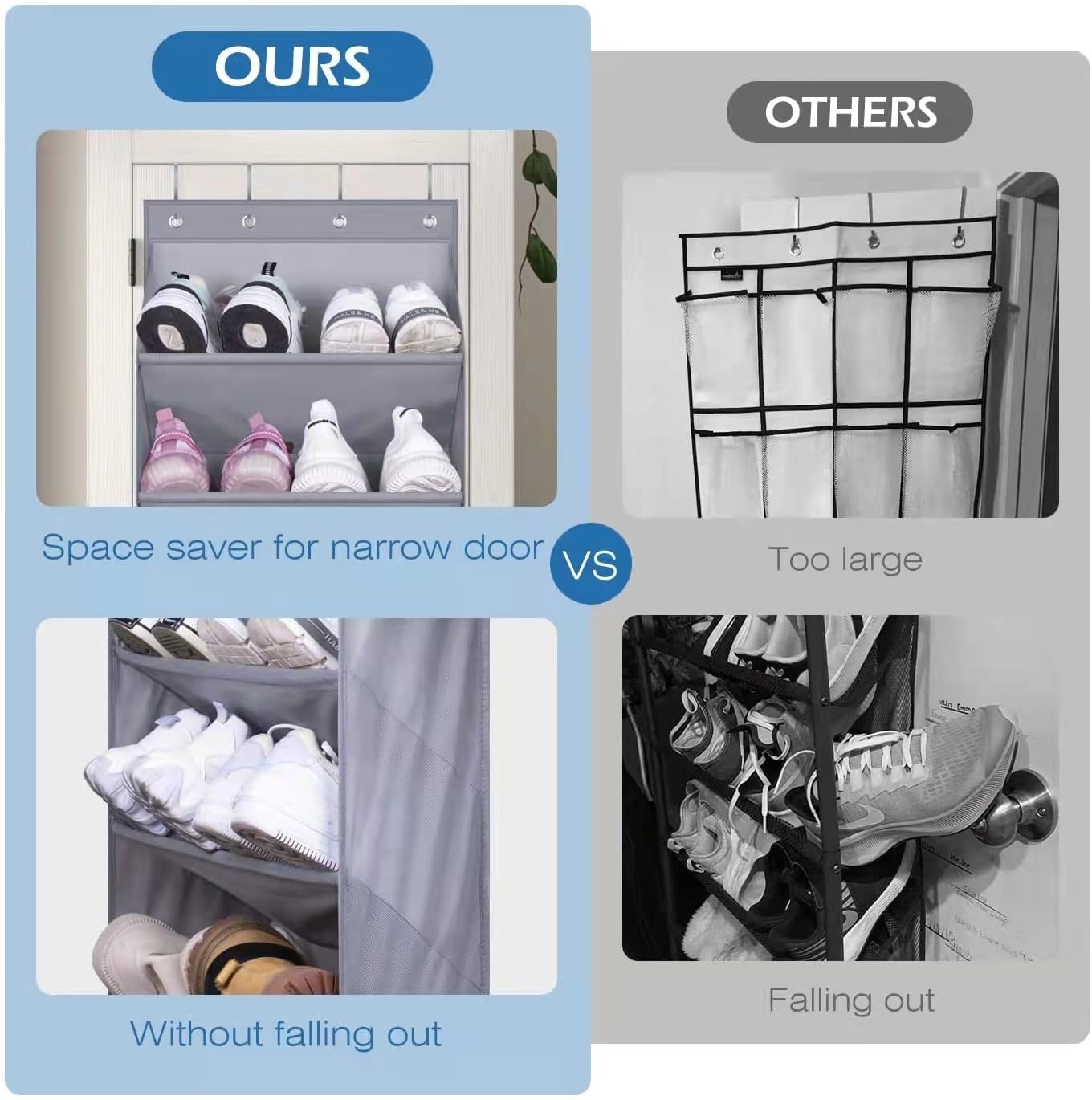 Dhadh Door Shoe Rack with Deep Pockets for 12 Pairs of Shoe Organizer Over the Door Hanger for Closet and Dorm Narrow Storage, Grey,Pack of 1 Piece 4