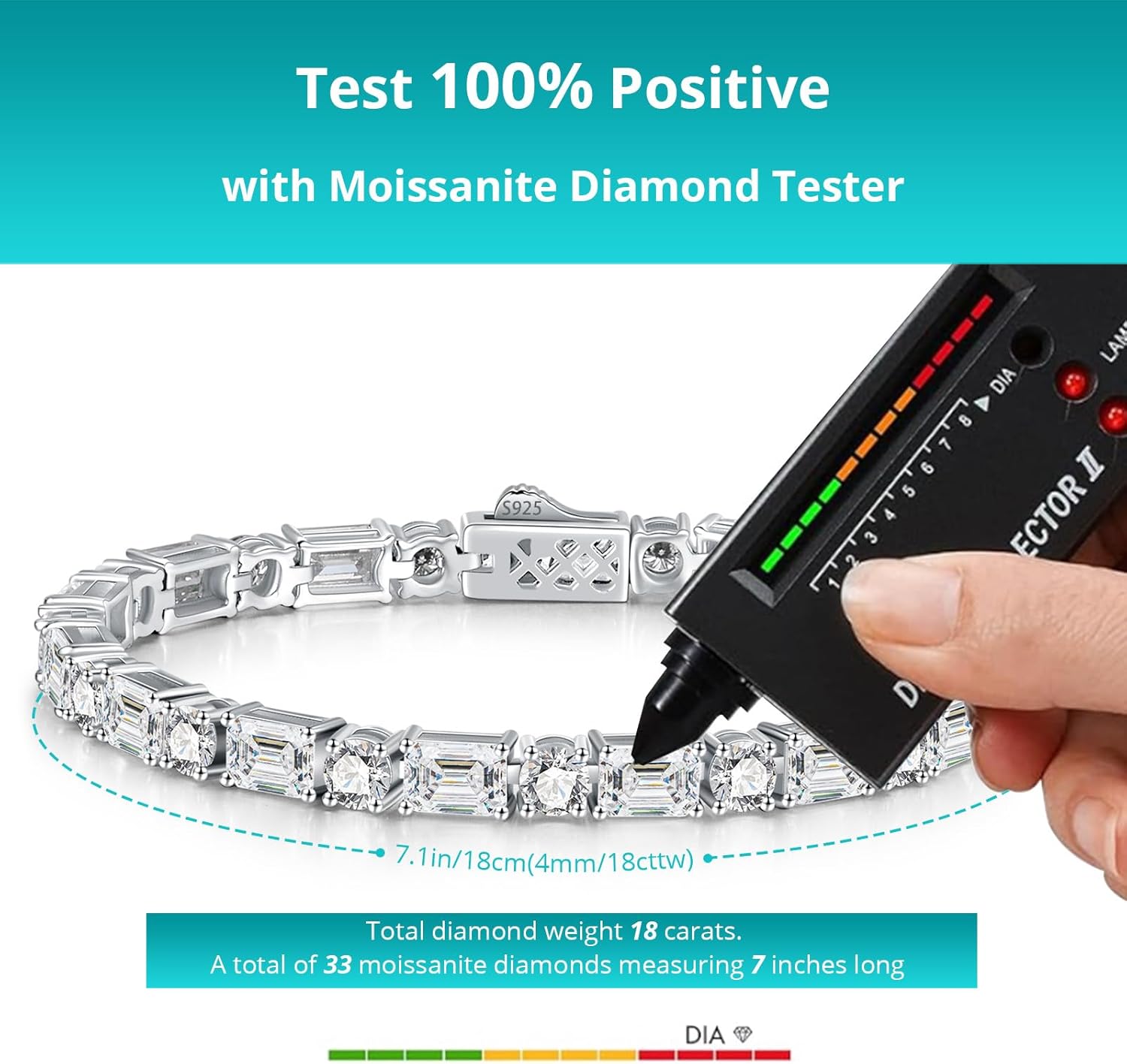 16.5/18CT Emerald & Round Cut Moissanite Tennis Bracelet for Women, White Gold Plated 925 Sterling Silver 4mm D Color VVS1 Moissanite Bracelets Hidden Clasp Anniversary Birthday Gift 6.5/7Inch - Image 5