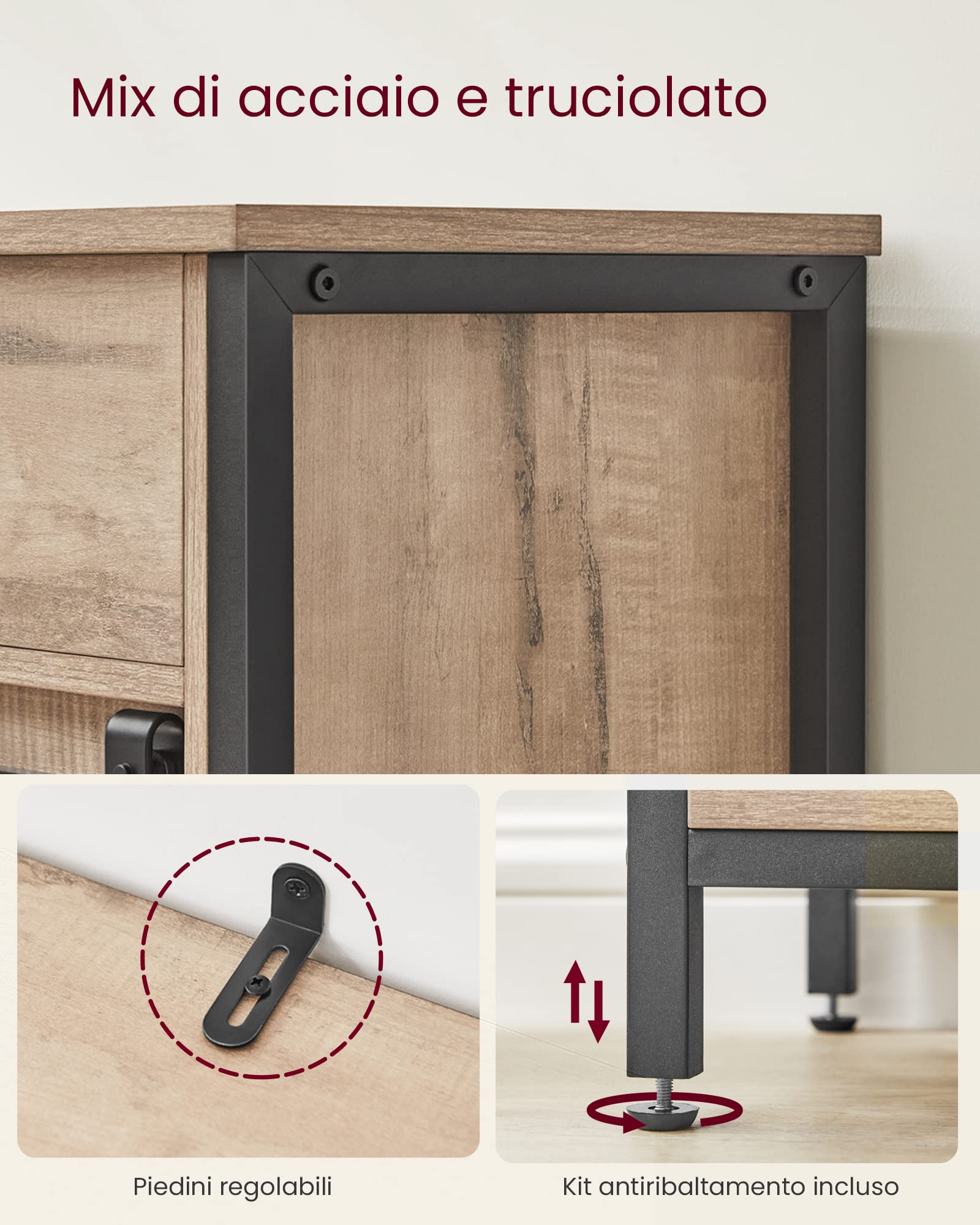 VASAGLE Credenza, Mobile da Cucina, Portaoggetti, con Anta Scorrevole, 30 x 70 x 80 cm, Ripiano Regolabile, Stile Country, per Soggiorno, Marrone Rovere e Nero LSC100B50
