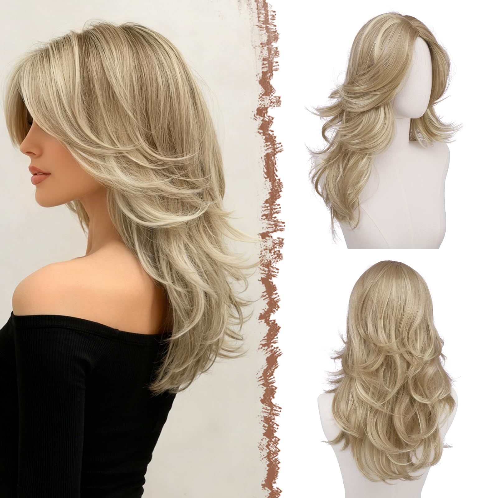 Photo 1 of FESHFEN Dirty Blonde Wavy Layered Wig with Curtain Bangs for Women, 20 Inch Long Synthetic Natural Looking Middle Part Hair Wig For Costume Party Daily Use