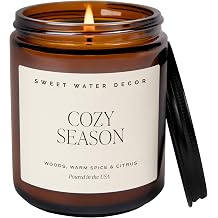 Sweet Water Decor Cozy Season Fall &amp; Winter Candle, 9oz Amber Jar Black Lid