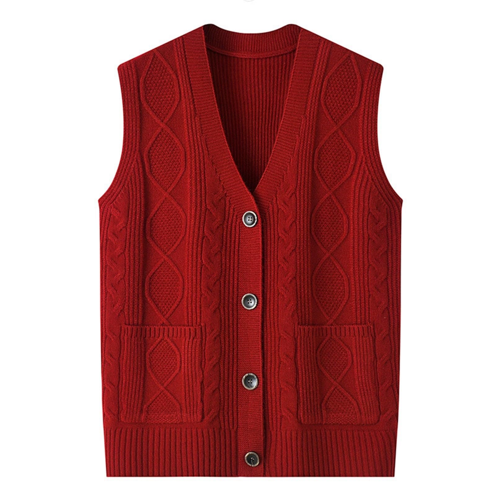 Chalecos de punto para mujer, suéteres de punto para mujer, chaleco de punto sólido con cuello en V, botones, sin mangas, ligero, frente abierto, chaleco de punto trenzado para la vida diaria en