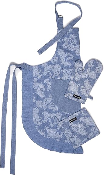 Encasa XO Kitchen Apron with Oven Gloves & Potholder - Combo Set -100% Cotton - Heat Resistant