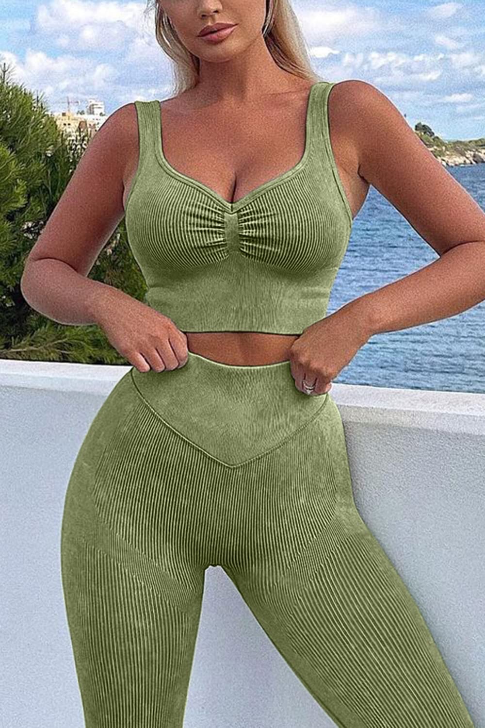 Conjunto de entrenamiento de 2 piezas para mujer, acanalado, sin costuras, cintura alta, leggings a juego, gimnasio, yoga