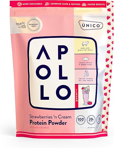 Unico Apollo - Proteína en polvo de fresa - 0.71 oz de proteína sostenible alimentada con pasto en polvo  Textura suave, no calcada, 100 calorías