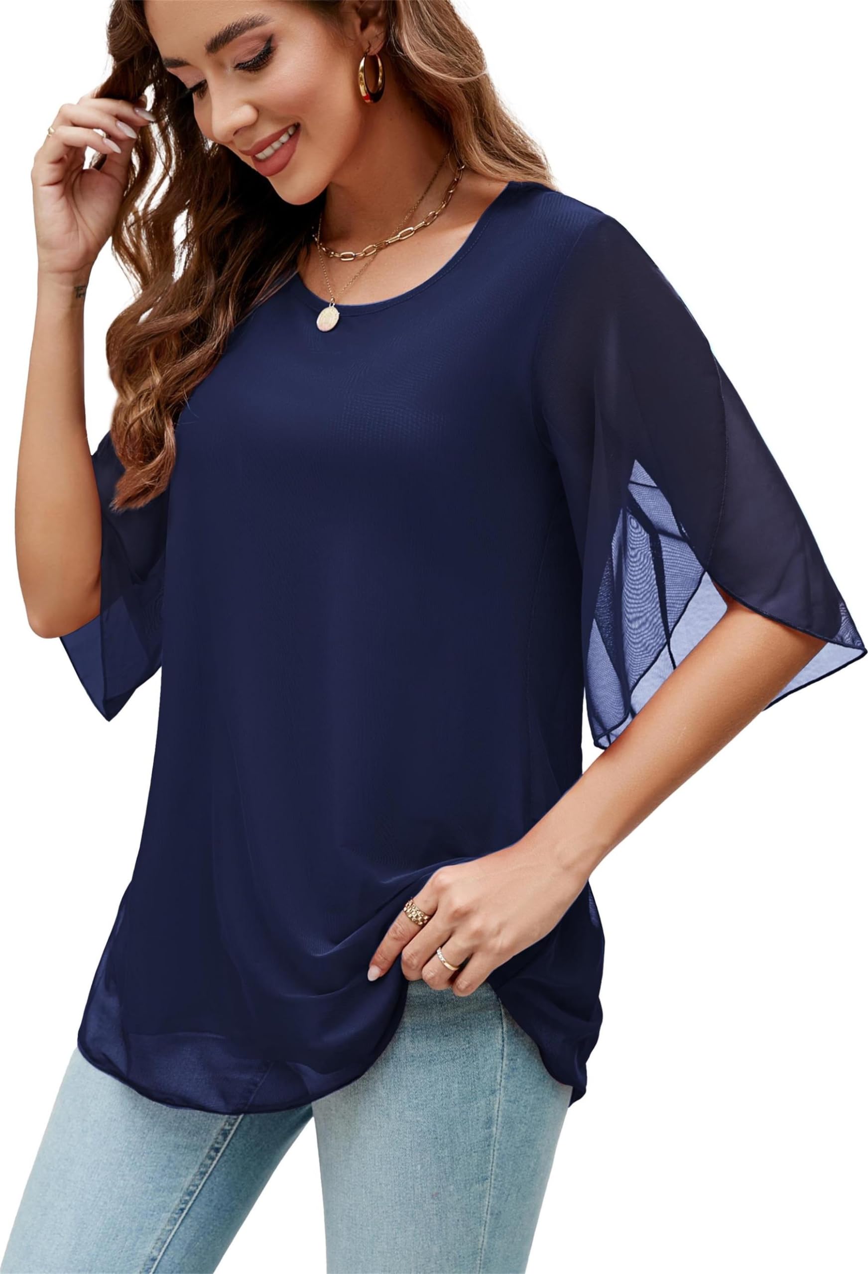Actcat Damen Rüschen 3/4 Ärmel Mesh Blusen Lose Flowy Tops Stretch Shirts Crinkle Bluse Damen elegant damenblusen elegant mesh Shirt Damen Umstandsbluse Damen große größen