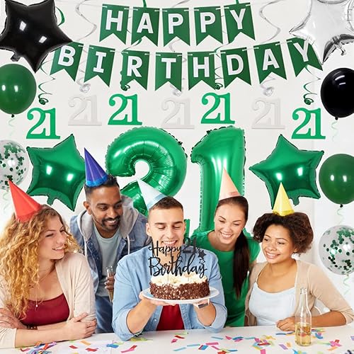 Miniatura 2 de Cheereveal Decoraciones de cumpleaños número 21  Cartel de feliz cumpleaños verde y negro, decoración de pastel, globo de aluminio del número 21,