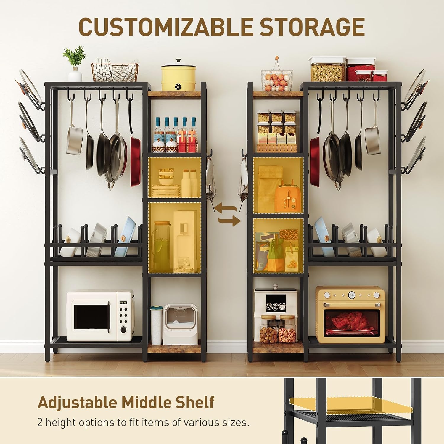 RALGEND 5-Tier Pot and Pan Organizer Rack with Hooks and Lid Holder, Kitchen Storage Shelf with adjustable shelf, Freestanding Cookware Stand, Metal Pot Rack for Kitchen, Rustic Brown and Black