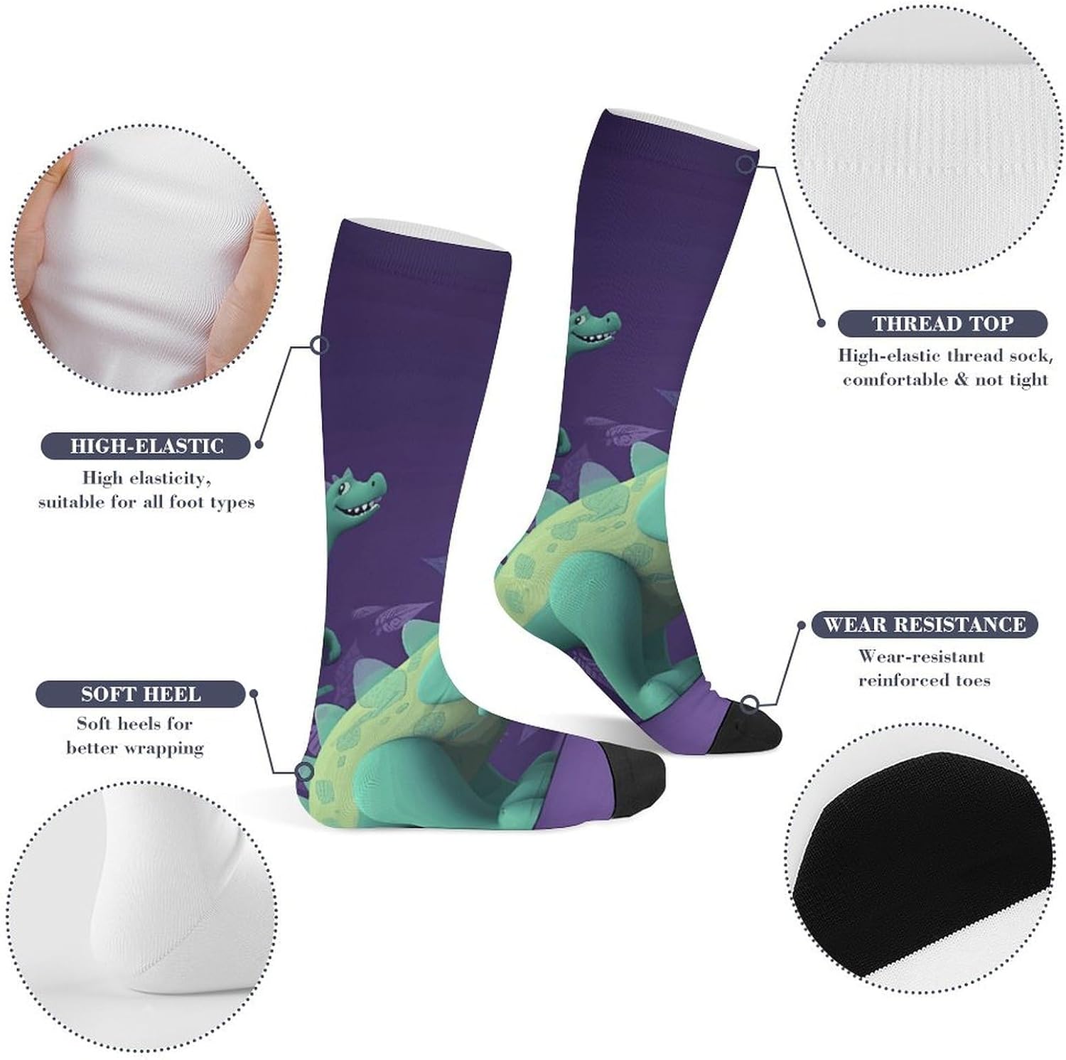 Cartoon Dinosaur Knee High Soccer Socks Moisture Wicking