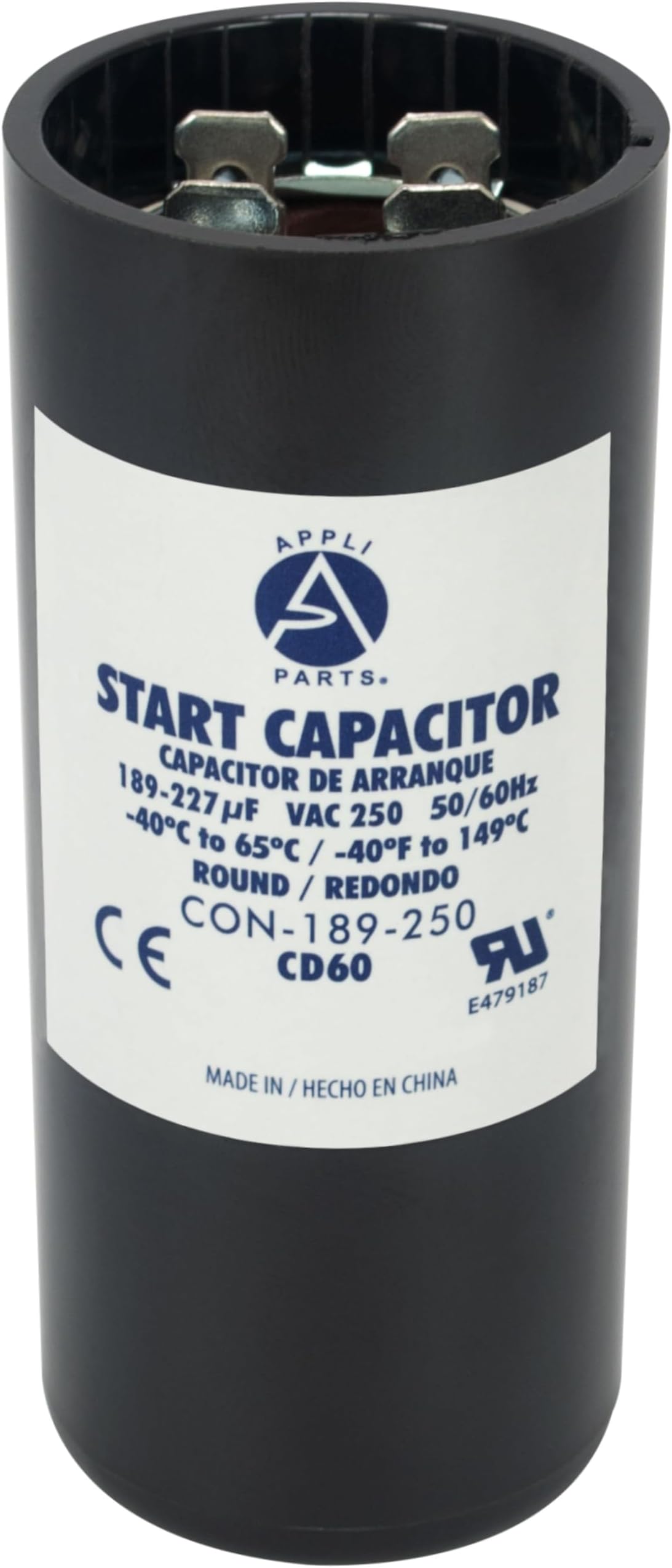 Appli Parts CON-189-250 Motor Start Capacitor 189-227 MFD uF, 250 VAC. Universal for Electric Motor Applications, 1.44 in Wide, 3.38 in Height