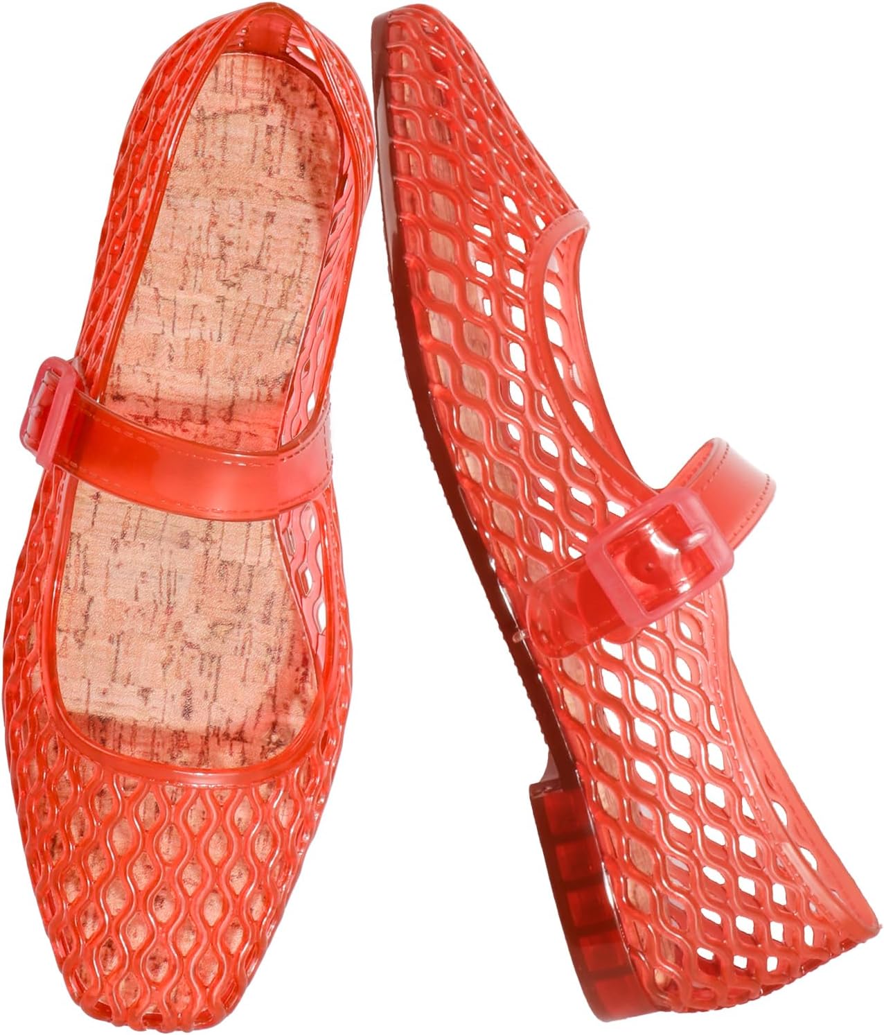 UniqueStride Women's Jelly Ballet Flats Buckle Strap Comfortable Casual Mary Jane Flat Lightweight Mesh Clear Beach-Sandals Summer Beach Hollow Dressy Shoes
