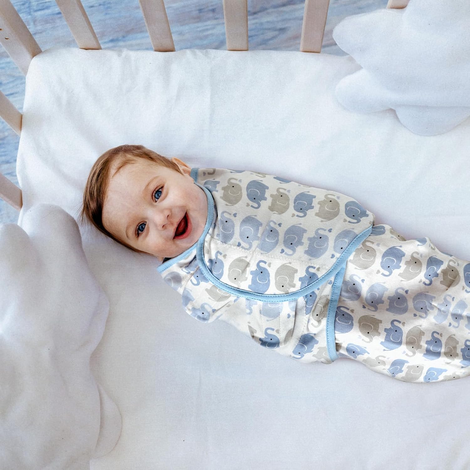 GLLQUEN BABY Swaddle Sleep Sack – 3 Pack Infant Swaddles for Newborn, Baby Swaddling Sack 0-3 Months, Ergonomic Newborn Swaddle Blanket for Baby Boy and Girl, Blue & Elephants