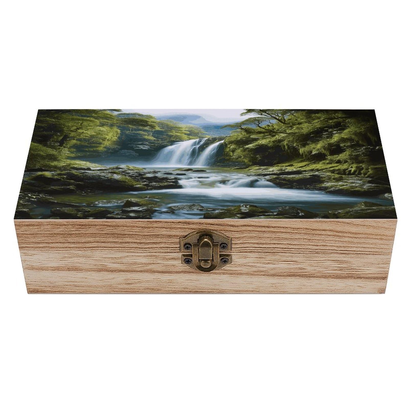 VstaDank Waterfall Landscape Painting Wooden Storage Box Wooden Keepsake Box with A Hinged Lid Fashion Memory Treasure Boxes Decorative Jewelry Case for Crafts Photo Home Decor Wood Gift Box
