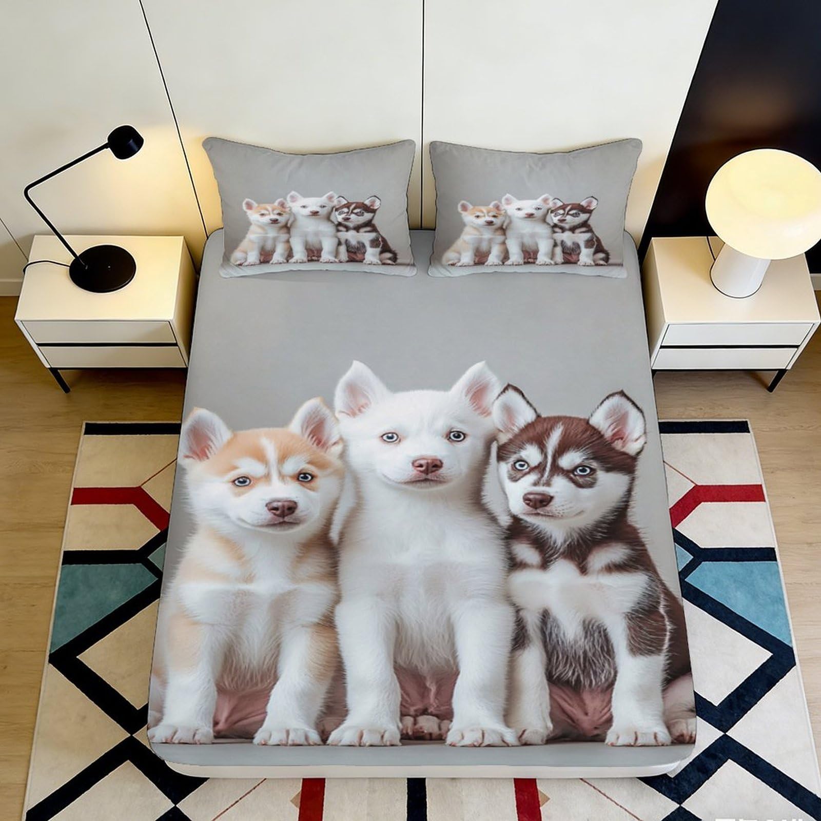 3D Printed Husky Puppies Fitted Sheet Microfiber Soft Breathable Cute Dogs Bed Cover for Bedroom Dormitory Guest Room Mattress Protection Decor 160x200x25cm