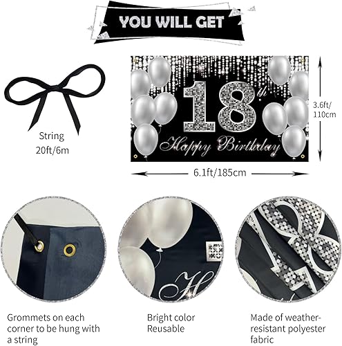 Miniatura 2 de Cartel de fondo de 18 cumpleaños, decoraciones de feliz cumpleaños 18 para niños y niñas, negro y plateado para fiesta de cumpleaños de 18 años,